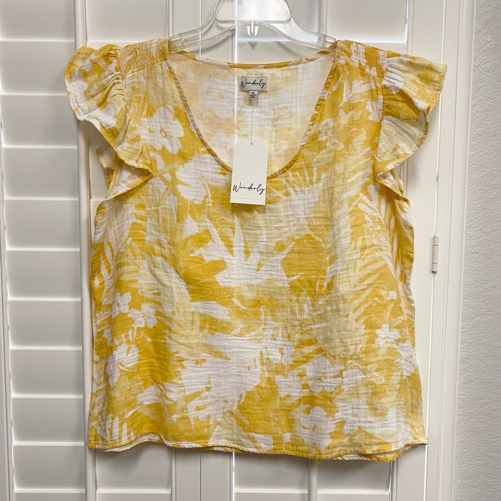 Wonderly Yellow and White Flutter Sleeve Floral Blouse Petite Large